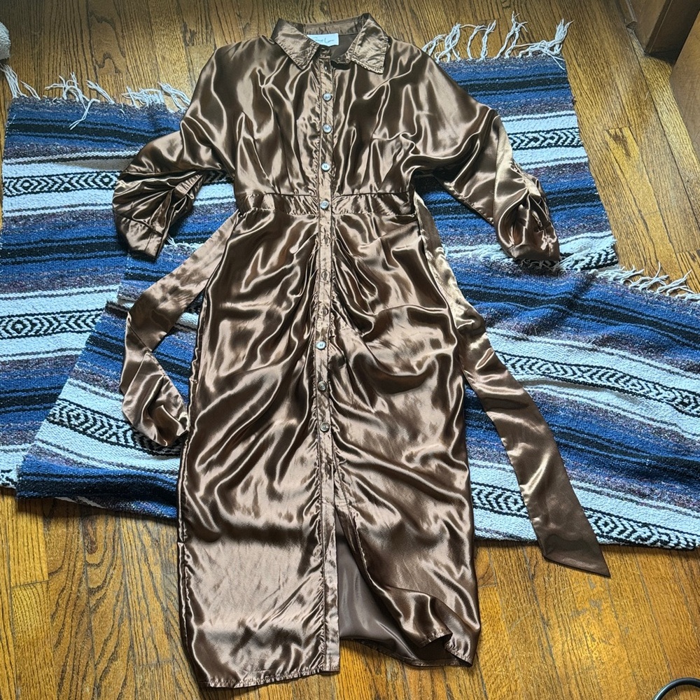 Elegant Brown Satin Midi Dress